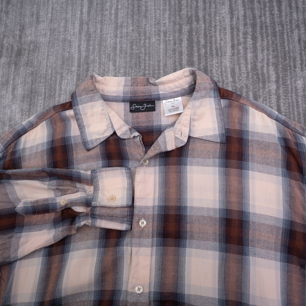 Sean John Men XL Plaid Button Down Shirt Brown Tan Blue Long Sleeve Cotton Y2K